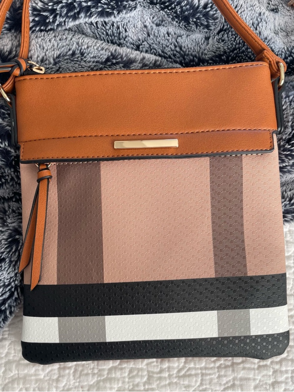 Tan Striped Panel Crossbody with Flap - Contemporary Everyday Bag
